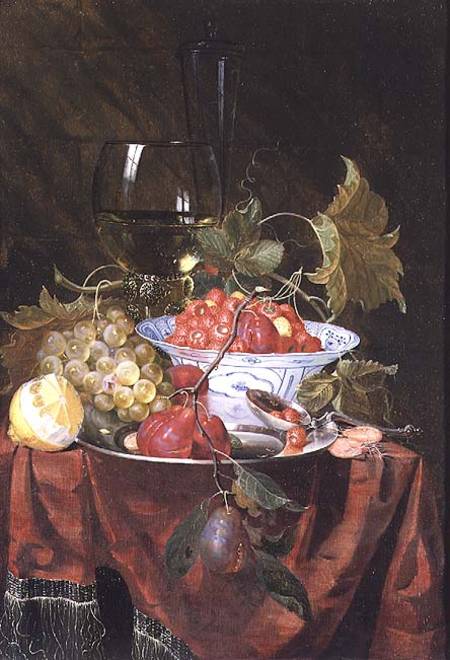 Still life with wild strawberries, plums, grapes and a lemon on a draped ledge à Nicolaes Van Gelder
