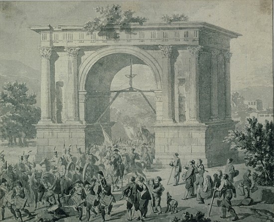The entrance of French troops to A''Osta in May 1800 (pen, ink & wash on paper) à Nicolas Antoine Taunay