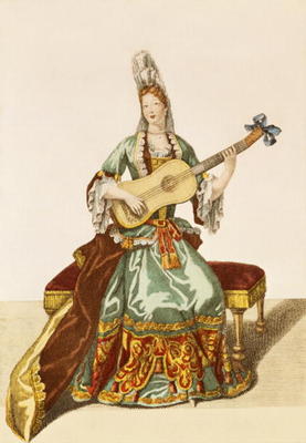 Lady of Quality Playing the Guitar, fashion plate, c.1695 (engraving) à Nicolas Bonnart