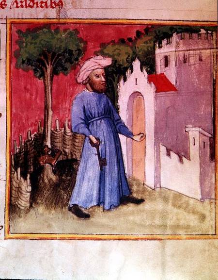 Allegorical illustration showing an Arab unlocking the gate of Knowledge, reputedly written and illu à Nicolas Flamel
