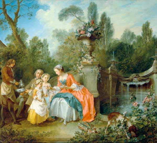 A lady in the garden who drinks coffee with some children à Nicolas Lancret