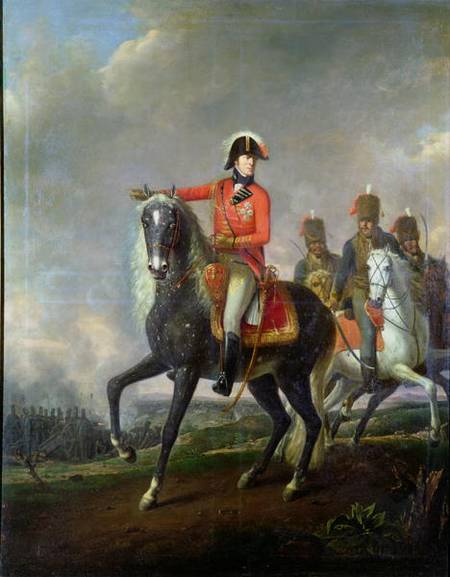 Equestrian portrait of the Duke of Wellington with British Hussars on a battlefield à Nicolas Louis Albert Delerive