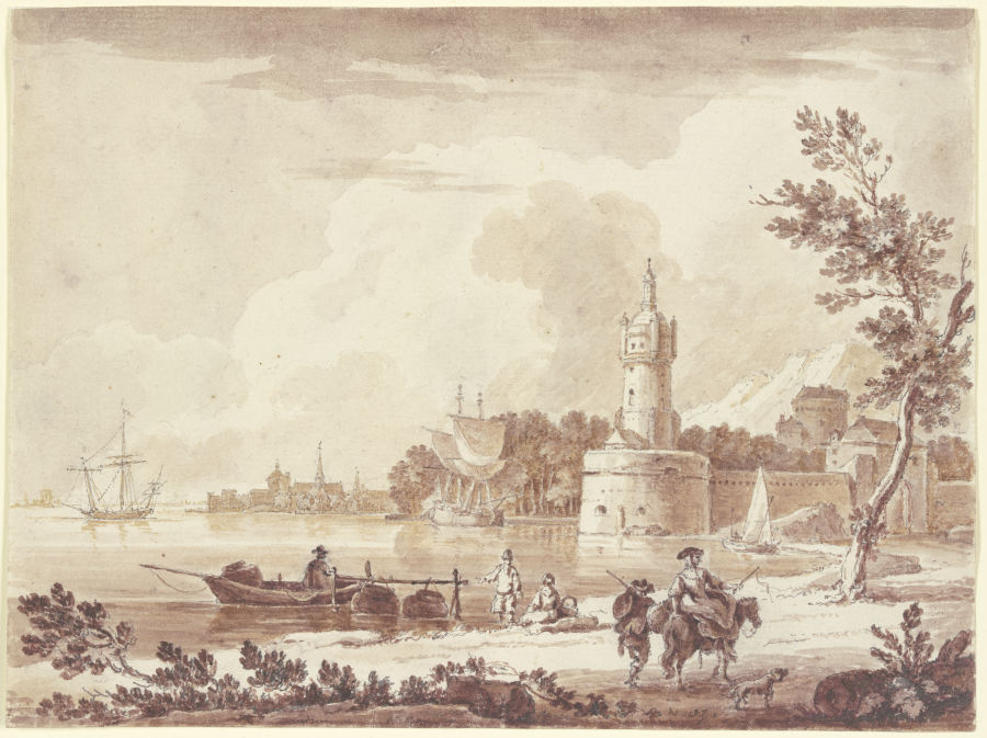 Meeresbucht mit einem Leuchtturm und einer Befestigung im Hintergrund à Nicolas-Marie Ozanne