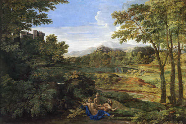 Landscape with two Nymphs and a Snake à Nicolas Poussin