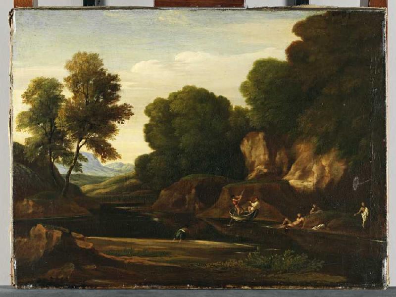 Landschaft mit Boot und Badenden à Nicolas Poussin