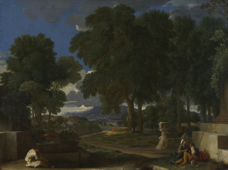 Landscape with a Man washing his Feet at a Fountain à Nicolas Poussin