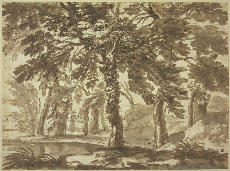 Waldlandschaft an einem Teich à Nicolas Poussin