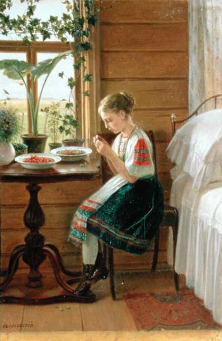 Girl Peeling Berries à Nikolai Mikhailovich Bykovsky