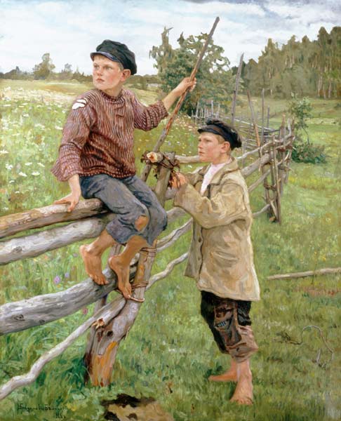 Boys in a landscape à Nikolai P. Bogdanow-Bjelski