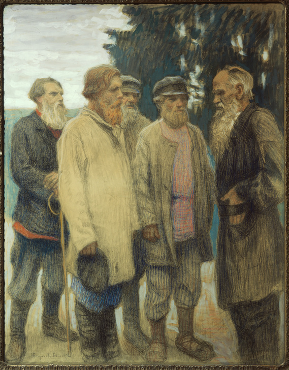 Der Schrifsteller Leo Tolstoj mit Bauern. à Nikolai P. Bogdanow-Bjelski