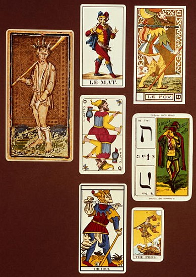 0 The Fool, seven tarot cards from different packs à 