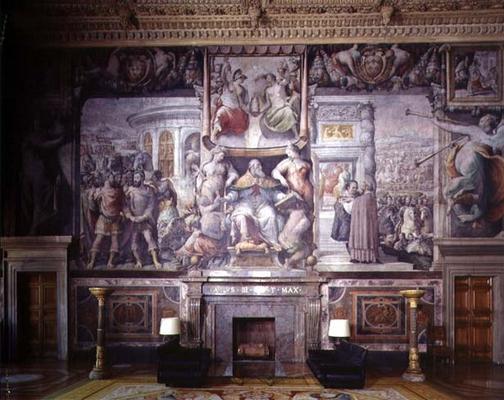 The 'Sala dei Fasti Farnesiani' (Hall of the Splendors of the Farnese) detail of frescoed wall decor à 