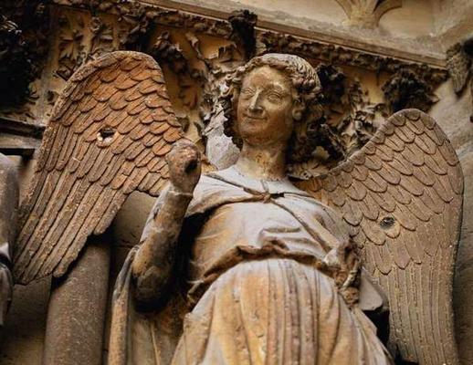 Detail of one of St. Nicaise's angels, Sculpture from exterior west facade, 14th century (stone) (se à 