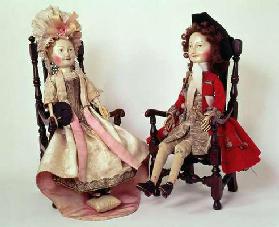 31:Lord and Lady Clapham, wooden dolls made in the William and Mary period, late 17th, c.1680s (see