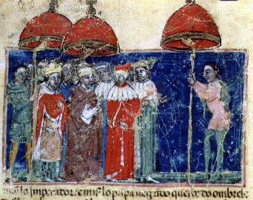Codex Correr I 383 Pope Alexander III (1105-81) presents the parasol to Doge Sebastiano Ziani, Venet à 