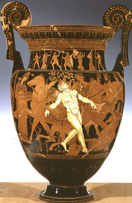 Red and white figure volute krater depicting the death of Talos, the bronze giant who guarded the Cr à 
