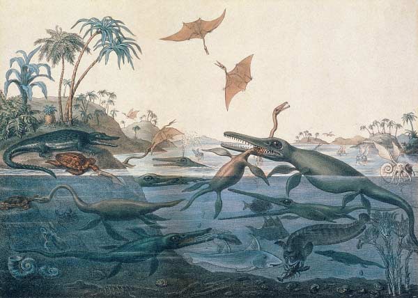 Duria antiquior (Ancient Dorset) depicting a imaginative reconstruction of the life of the Jurassic  à 