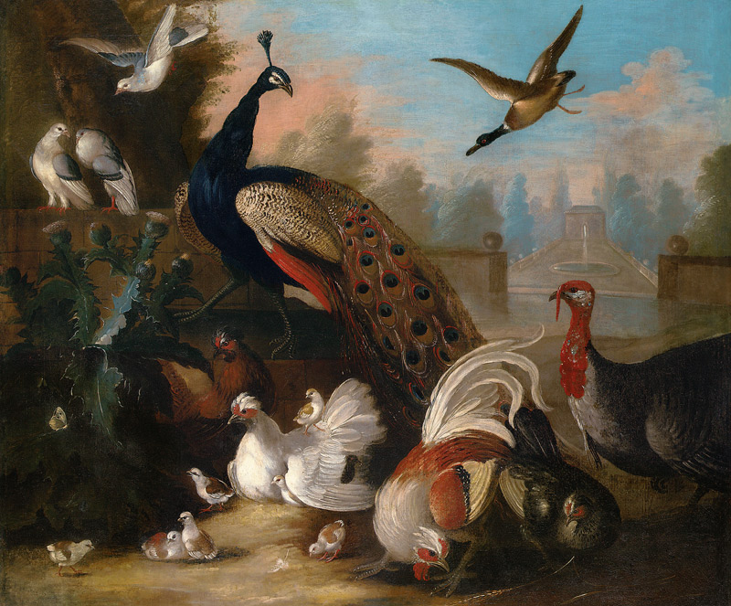 A Peacock And Other Birds In An Ornamental Landscape Attributed To Marmaduke Craddock (C à 