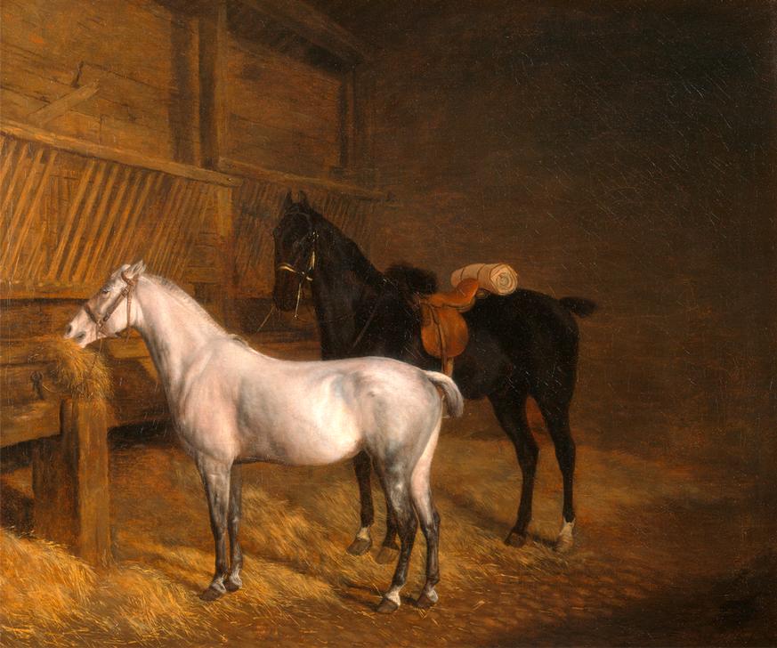 A Grey Pony and a Black Charger in a Stable Signed à 