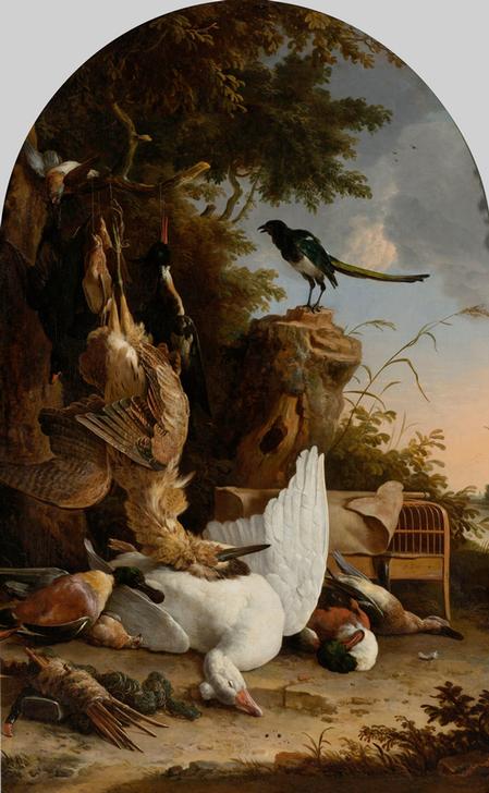A Hunter’s Bag near a Tree Stump with a Magpie, Known as ‘The Contemplative Magpie’ à 