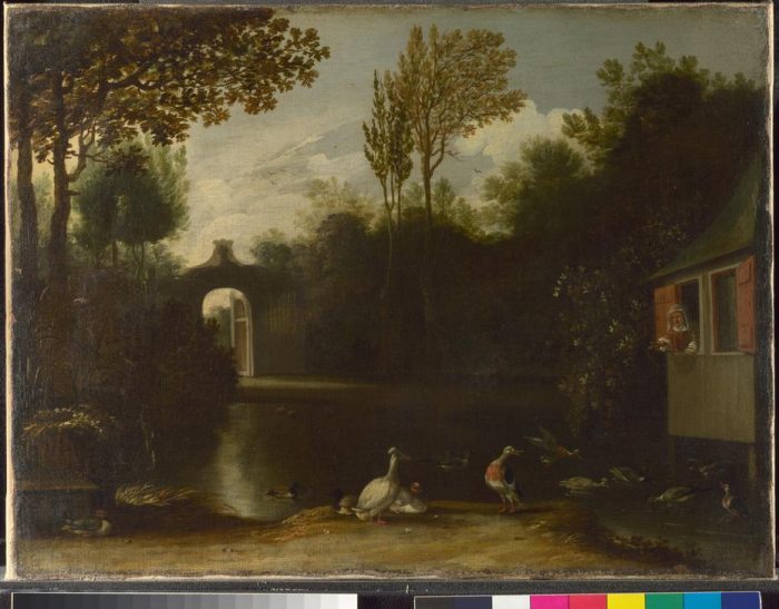 A woman appears to throw food to feed assorted waterfowl in a garden scene. à 