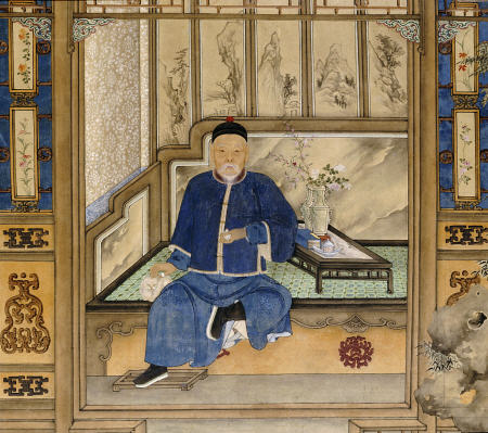 A Bearded Old Gentleman Wearing Blue Winter Clothes, Seated On A Day Bed Holding A Snuff Bottle And à 