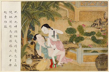 A Chinese Erotic Painting Depicting An Amorous Couple Engaged In Lovemaking à 