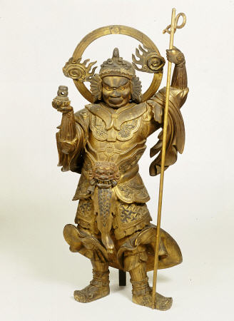 A Fine Large Wood Statue Of Bishamon, Guardian Of The North à 