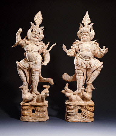 A Fine Pair Of Painted Pottery Lokapala Guardians Standing On The Head And Belly Of A Recumbent Demo à 