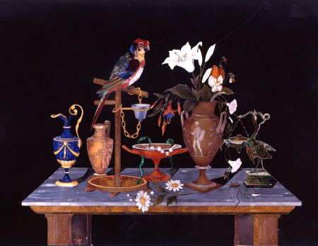 A Florentine Pietra Dura Plaque With A Parrot On Its Perch On A Table  With An Etruscan Krater Vase, à 