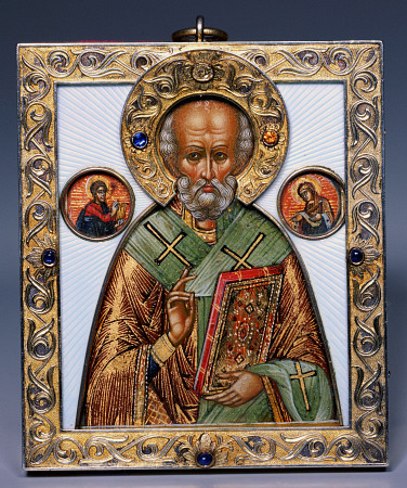 A Jewelled Silver-Gilt And Guilloch? Enamel Icon Of Saint Nicholas, Marked K à 