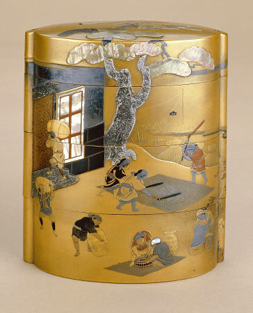A Large Three Case Inro Inlaid With Mother Of Pearl And Lead Depicting Farmers In Rice Fields And Th à 