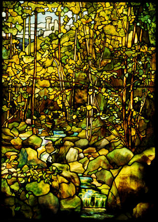 A Leaded Glass Window Of A Woodland Scene By Tiffany Studios à 
