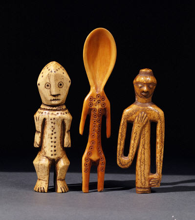 A Lega Bone Figure, A Lega Ivory Spoon And  A Pende Bone Whistle à 