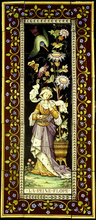  A Minton Stoneware Panel Consisting Of Four Rectangular Tiles Depicting A Maiden In Medieval Costum à 