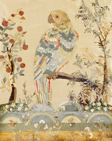 An Applique Picture Of A Parrot Perched In An Acacia Tree Above Hillocks With An Orange Tree To The à 