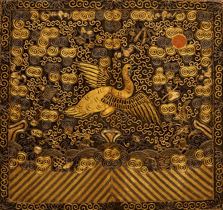 An Embroidered Silk Civil Badge Of Rank, With A Goose Flying Towards The Sun Amidst Daoist Symbols A à 
