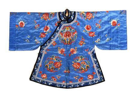 An Informal Robe Of Forget-Me-Not Blue Satin, Embroidered In Silks With Peony And Buttterfly Roundel à 