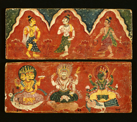 A Pair Of Nepalese Polychrome Wooden Manuscript Covers The Upper Cover Painted With Three Standing D à 