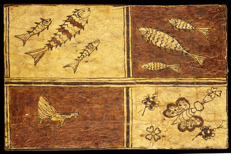 A Rare Melanesian Painted Bark Cloth Decorated With A Fowl, Exotic Butterflies And Fishes On Reddish à 