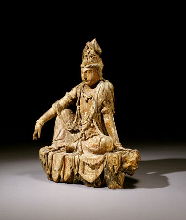 A Rare Painted Wood Figure Of Guanyin à 