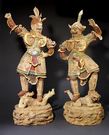 A Rare Pair Of Massive Painted Pottery Lokapala Guardians Both Standing On  A Recumbent Demons à 