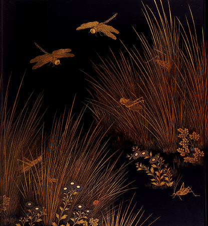A Roironuri Suzuribako (Writing Case) Depicting Dragonflies, Crickets And A Ladybird Among Grasses A à 
