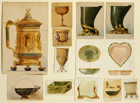 A Selection Of Designs From The House Of Carl Faberge Including An Elaborate Gilt And Enamelled  Tan à 