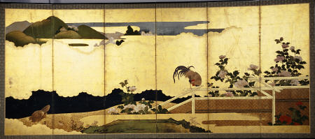 A Six-Panel Screen Painted In Ink, Colour And Gofun On Gold Paper With A Cockerel Perched On A Fence à 