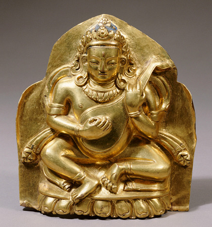 A Tibetan Gilt-Copper Plaque Depicting Dhrtarashtra Seated On A Lotus, Playing A Lute à 