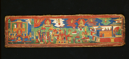 A Tibetan Painted Cotton Manuscript Cover Painted With Various Offering Scenes à 