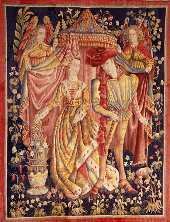 A Tournai Betrothal Tapestry Depicting A Man And Woman In Fine Dress Beneath A Canopy Held Back By T à 