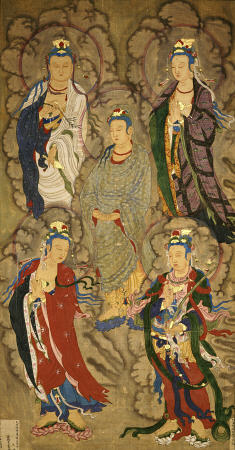 A Very Rare Buddhist Painting Of Guanyin And Four Bodhisattvas, à 