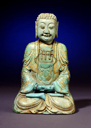 A Very Rare Gilt Decorated Turquoise Matrix Figure Of Sakyamuni à 
